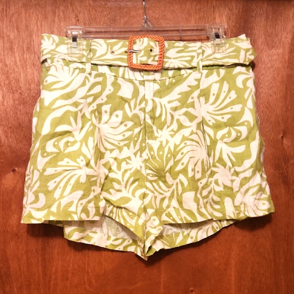 Rachel Zoe Green and White High Waist Linen  Shorts Size Medium NWOT